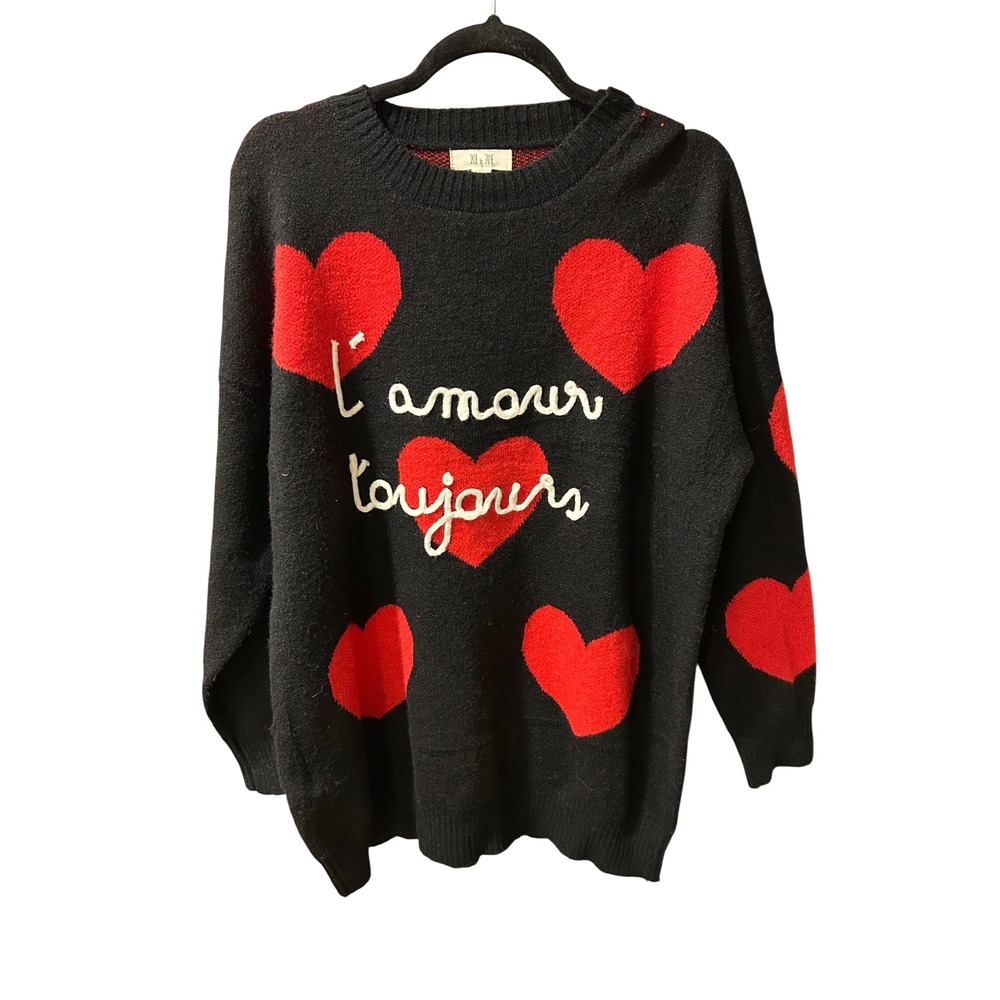 Jade by Jane L'amour Toujours Heart Knit Sweater Black Red Oversized SM